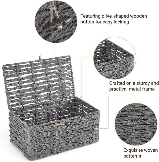 Mkono Storage Baskets Bin with Lid Decorative Paper Rope Handwoven Basket Organizer for Shelves Wardrobe Toilet Tank Top, Rectangular Wicker Home Decor Box for Bedroom Living Room, Set of 2, Grey