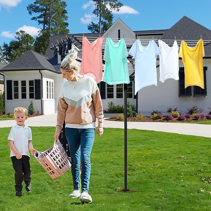 Umbrella Clothesline Outdoor |165 Feet Heavy Duty Rotary Outdoor Umbrella Drying Rack with 4-Aluminum Arms and Steel Post 12-Lines | Adjustable Height & Retractable Clothes Drying Rack for Backyard
