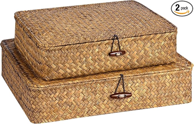Set of 2 Flat Seagrass Storage Bins with Lid Wicker Storage Baskets for Organizing, Woven Shelf Organizer Bins Home Utility Organizer Box for Home & Office Supplies (Caramel)