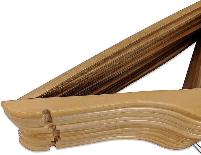 Pillowtex Wood Suit Clothes Closet Hanger w/Non-Slip Bar - Set of 10 Natural Finish Hangers