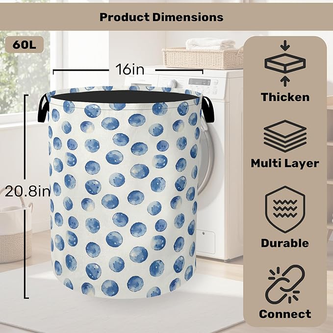 Blue Polka Dots Laundry Basket with Handles - Extra Large Foldable Hamper for Bathroom/Laundry/Bedroom/Dorm, Washable Fabric Storage Bin