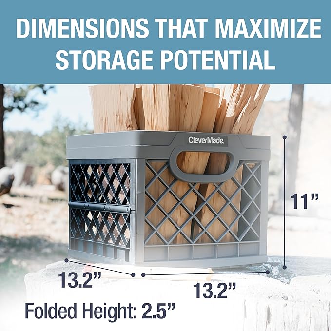 CleverMade Collapsible Milk Crate 25L (6.6 Gal) 3 Pack, 50 lb Heavy Duty Folding Crate – Stackable Storage Crates with File Rails, Plastic Collapsible Crates for Storage - Stone