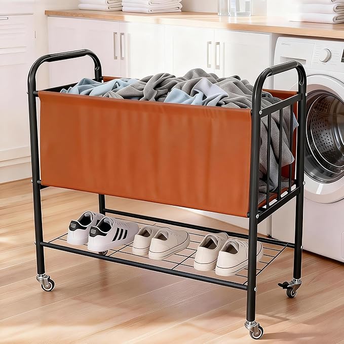 laundry basket with wheels, rolling laundry basket dirty clothes hamper storage cart, double laundry hamper for Bedroom, Laundry Room, Closet, Bathroom, College, 85L Large capacity (Black)