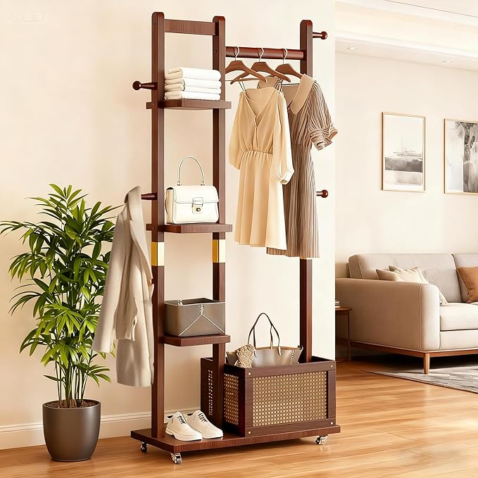 Solid Wood Clothes Rack with Wheels, Freestanding Coat Rack with 4 Shelves, 4 Side Hooks & Storage Basket, 4-IN-1 Clothing Rack Heavy Duty Clothes Hanger Stand for Clothes Garment Wallets Hats