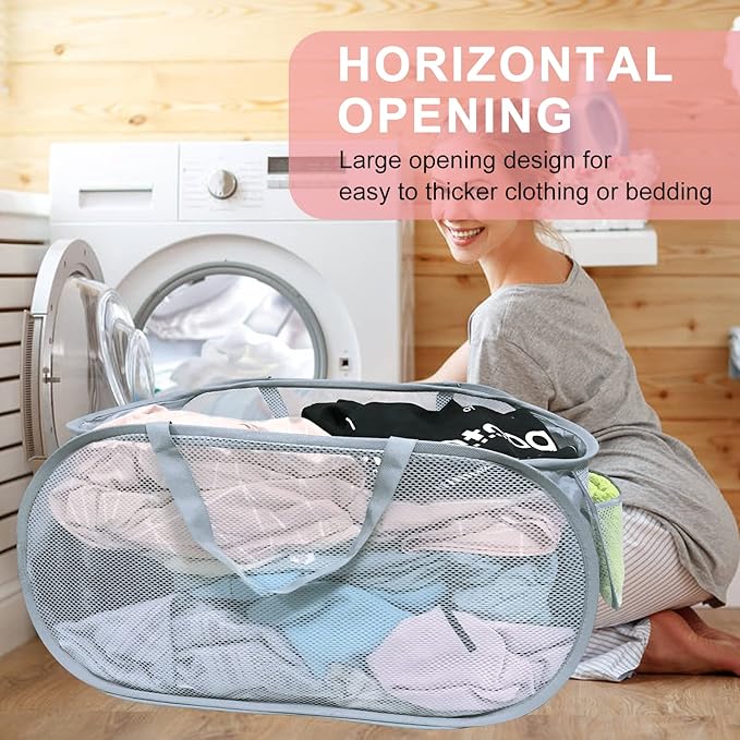 4 PCS Mesh Laundry Hamper,Collapsible Laundry Baskets,75L Large Foldable Dirty Clothes Hamper Storage Basket Horizontal with Side Pocket&carry Handle for Home,Travel grey
