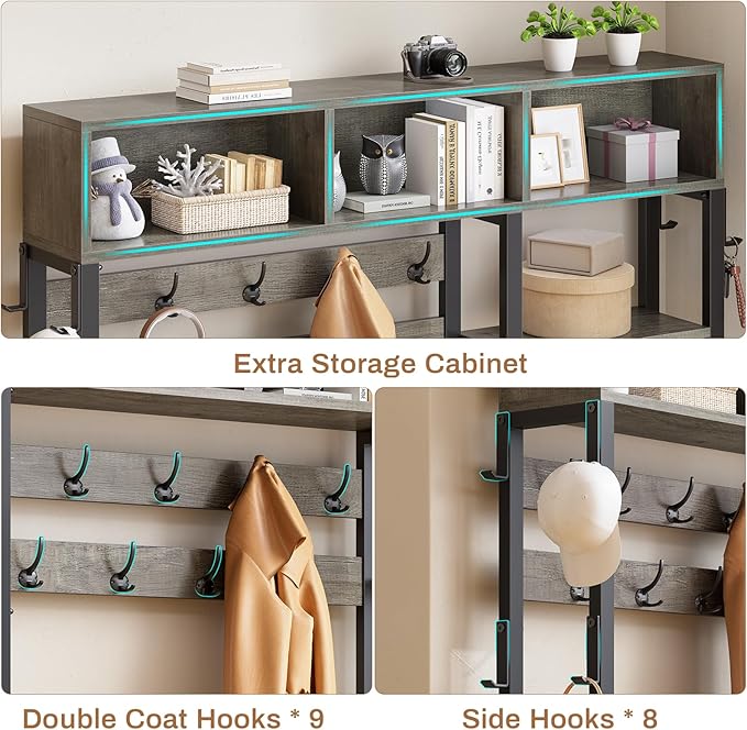 Itaar Hall Tree with Bench and Shoe Storage, 7-in-1 Entryway Bench with Coat Rack, 3 Storage Cubbies, 3 Open Shelves, 17 Coat Hooks, 2 Fabric Drawers (Oak Grey)