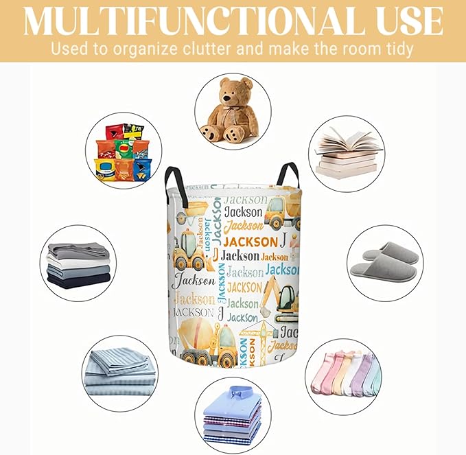 Personalized Construction Truck Laundry Basket, Custom Laundry Hamper With Name Gifts For Kids Baby Adults, Collapsible Dirty Clothes Storage Organizer With Handles M 19.6 X 15.7in
