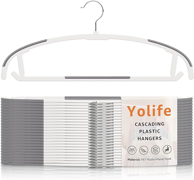 Yolife Plastic Clothes Hangers 10 Pack with Non-Slip Pads, 17.5" L × 8.3" H Heavy Duty Hanger with 360° Swivel Metal Hook, Slim Space Saving Hangers for Closet Organizer, White & Gray