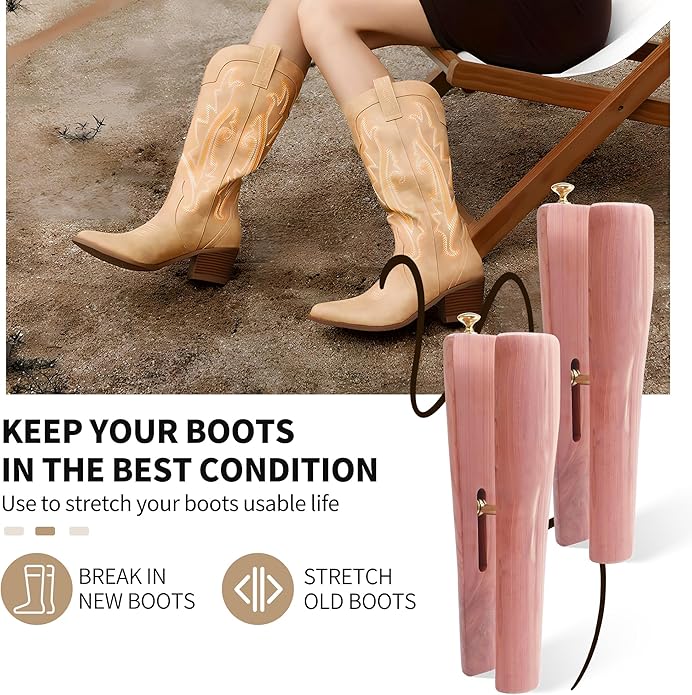 Cedar Boot Tree for Tall & Cowboy Boots, Adjustable Boot Stretcher Calf, 100% Natural Cedar, Reduce Creases Sagging