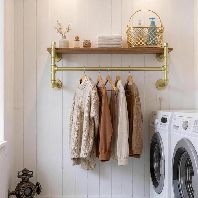 WEBI Wall Mounted Clothes Rack with Shelf,36" Industrial Pipe Clothing Rack with Shelf with Hanging Rod,Heavy Duty Iron Garment Rack Bar,Retail Display Clothes Rod for Laundry Room,Closet,Gold