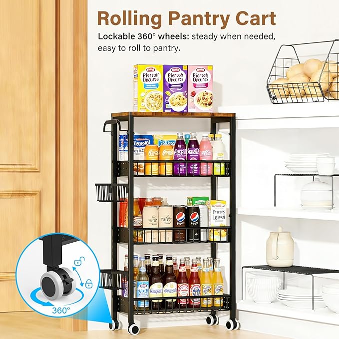 7.8 Inch Ultra-Slim 4-Tier Rolling Storage Cart with Adjustable Shelves - Lockable Wheels & Wooden Top for Narrow Spaces Between Washer/Dryer, Bathroom, Kitchen Organization (Black)