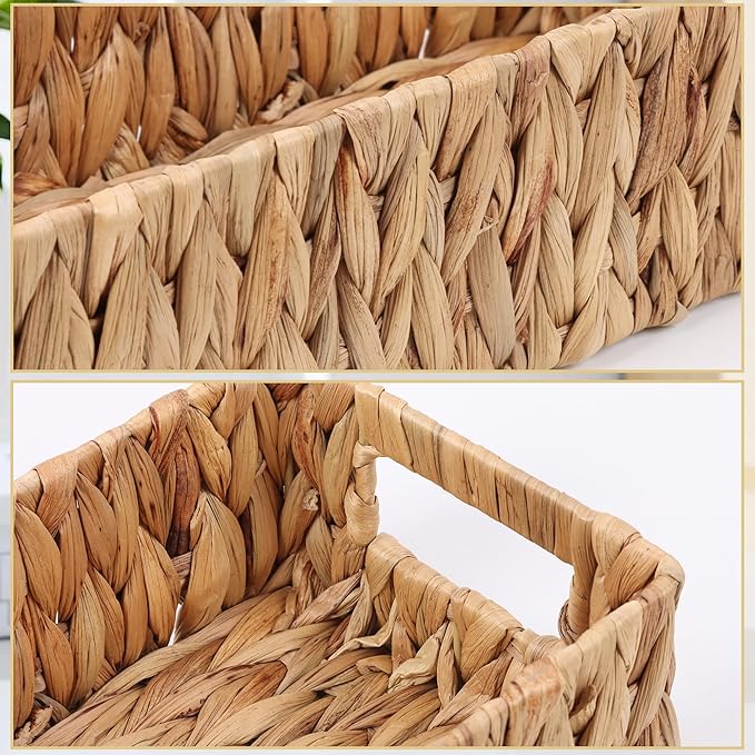 Wicker Storage Baskets with Handle Water Hyacinth Basket for Organizing Decorative Storage Bins for Countertop Toilet Tank Boho Rectangular Home Organizer (Natural, 14.5" x 5.5" x 4.1")