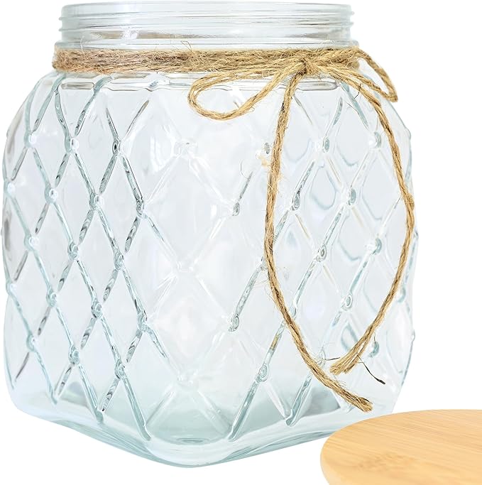 Skywin TidyFriend Glass Laundry Pods Container, Laundry Containers with Lid, Laundry Room Organization Jars, Dishwasher Pods Container, Laundry Jars (Clear) (Jar with Ropes and Wooden Lid)