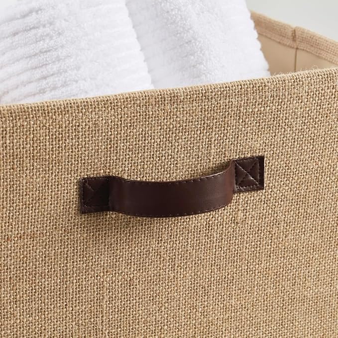 Ornavo Home 13 x 13 Storage Cube Bins, 6 Pack Jute Baskets, Fabric Storage Bins Shelf Basket Cube Organizer for Closet Foldable Collapsible with Leather Handles