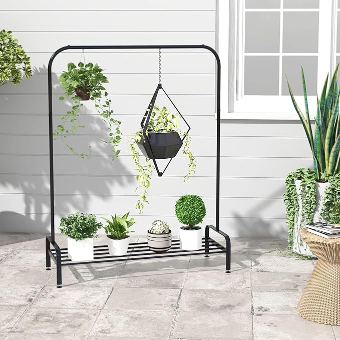 Tangkula Metal Garment Rack, 44” Clothing Rack with Top Rod and Lower Storage Shelf, Adjustable Feet, Anti-slip Clips, Heavy Duty Clothes Hanging Garment Racks for Bedroom, Living Room, Black