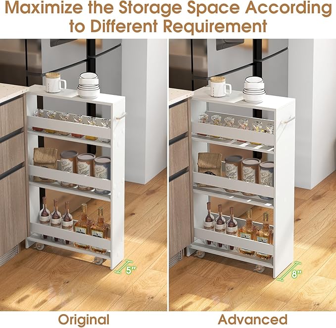 Giantex 4 Tier Rolling Slim Storage Cart, 8" Narrow Slide Out Kitchen Cart w/Handle & Open Shelves, Space-Saving Compact Mobile Utility Trolley for Small Space Laundry Room (White)