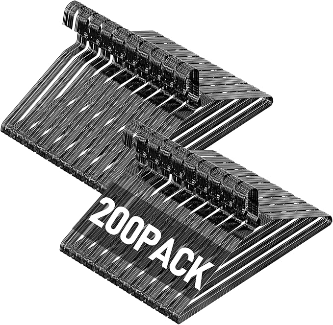 SPECILITE Wire Metal Clothes Hangers Bulk 200 Pack for Standard Size Suits, Coats, Shirts, Pants, Skirts, Space Saving, Non Slip,16 Inch 12 Gauge Ultra Thin, Black