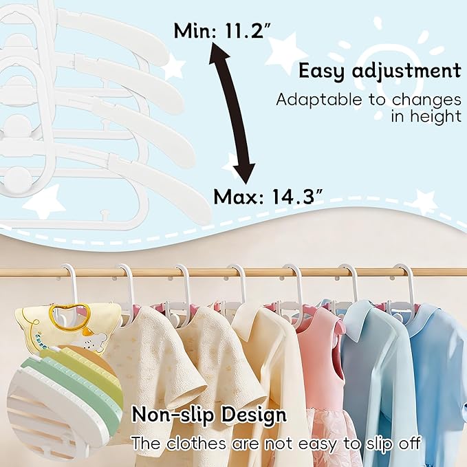 30 Pack Baby Kids Clothes Hangers Adjustable Stackable for Infant to Children - Thick Plastic, Non-Slip, Space Saving, White