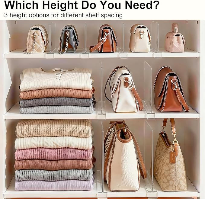 Shelf Dividers Purse Organizer for Closet: 6-inch Tall(Shorter Version) Acrylic Handbag Organizer - Small Space Separator for Clutches Evening Bags Pouches Mini-Bags on Wood Shelves 8-Pack