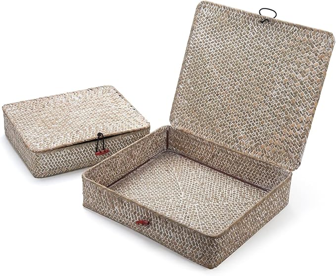 Seagrass Storage Baskets with Lid, Flat Wicker Basket, Shallow Woven Basket for Shelf, Decorative Storage Boxes for Organizing, Whitewash