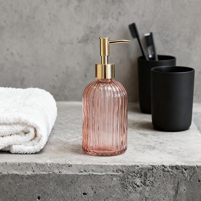 Glass Soap Dispenser with Gold Plastic Pump, 13.5oz Glass Striped Hand Soap Dispenser, 2 Refillable Hand Liquid Dispenser Set for Modern Home Decor, Bathroom, Kitchen Countertop, Hotel (Orange)