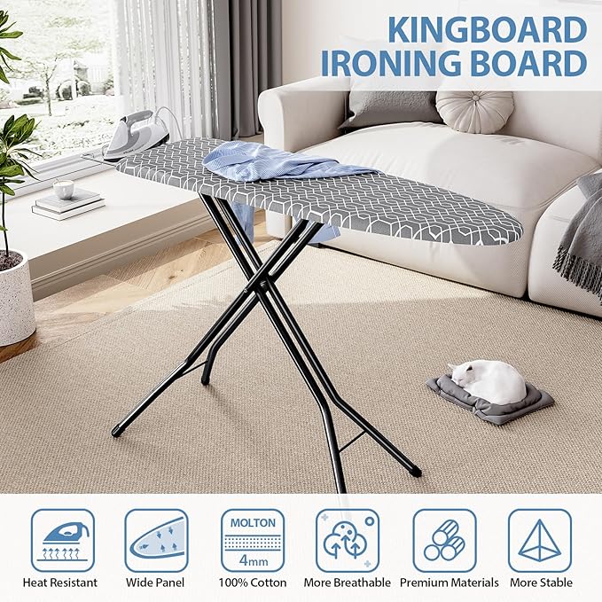 KINGBOARD Foldable Ironing Board Full Size, Iron and Ironing Board Set Standard Size, Iron Boards with Ironrest & Adjustable Height,Heavy Duty Iron Table Stand with Metal Legs &Thick Cover,43x13 Gray