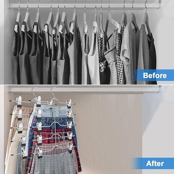 Pants Skirt Hangers with Clips, 2 Pack Pant Hangers Skirt Hangers Space Saving Closet Hanger Organizer Closet Organizers and Storage