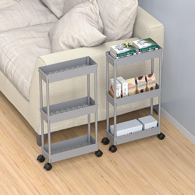Sooyee Slim Storage Cart,3 Tier Bathroom Rolling Utility Cart Storage Organizer Slide Out Cart, Mobile Shelving Unit Organizer Trolley for Office Bathroom Kitchen Laundry Room Narrow Places, Grey