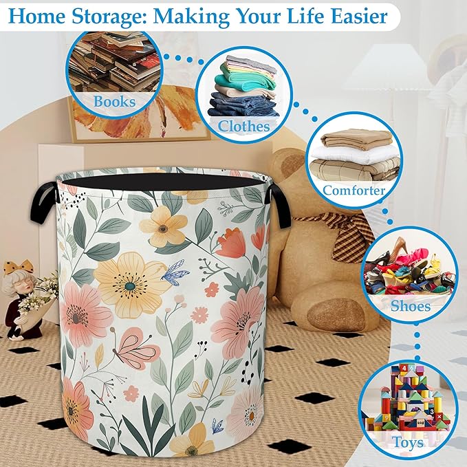 Floral Print Laundry Basket Collapsible Laundry Hamper with Handle, Waterproof Oxford Cloth Storage Bin for Bathroom/Bedroom/Dormitories 16 X 20.8 Inch