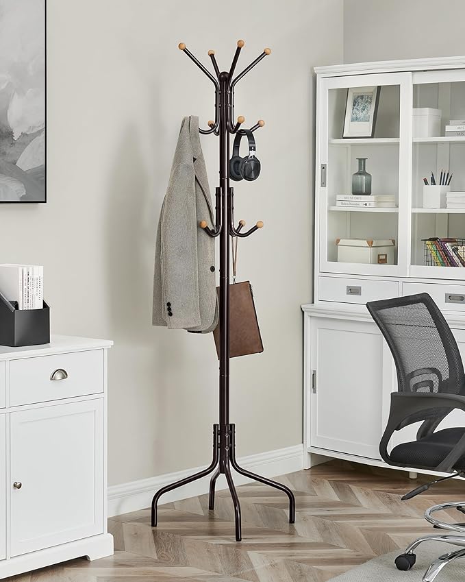 SONGMICS Coat Rack Freestanding, Metal Coat Rack Stand with 12 Hooks and 4 Legs, Holds Clothes, Hats, and Bags, for Entryway, Living Room, Bedroom, Brown URCR031Z01