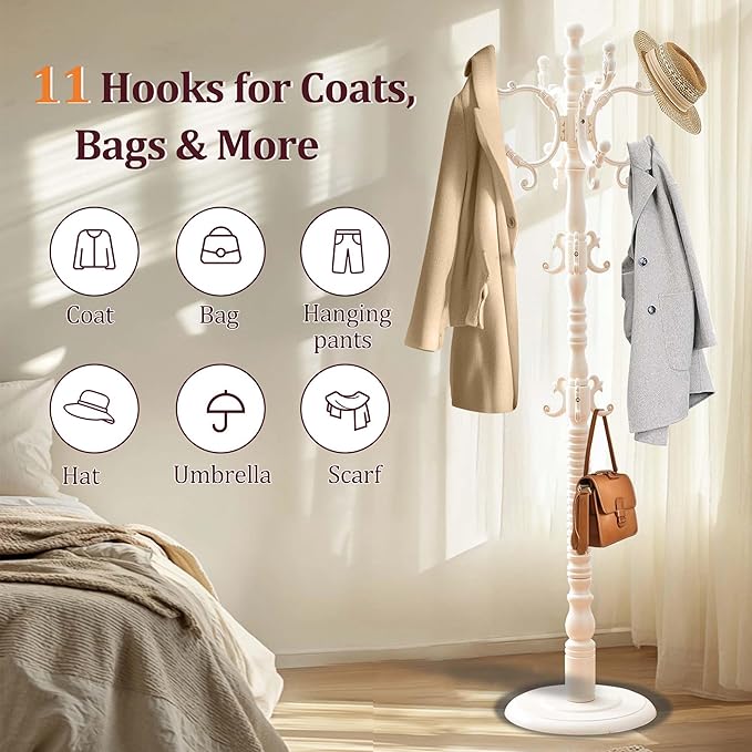 73" Wooden Coat Rack Freestanding, Coat Rack Stand With 18 Hooks And Round Solid Wood Base，Adjustable Height, Easy To Assemble For Entrance Hallway Office Living Room Bedroom (Retro White, 1 PCS)