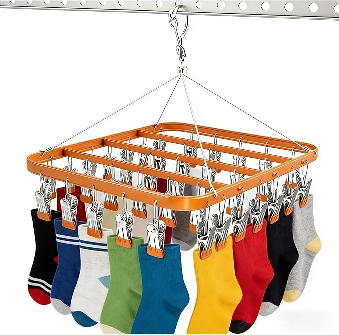 Clothes Drying Racks Clip Hangers Metal with 36 Clips Windproof Hook Underwear Hanger Foldable Laundry Clip for Socks Bras (Gold)
