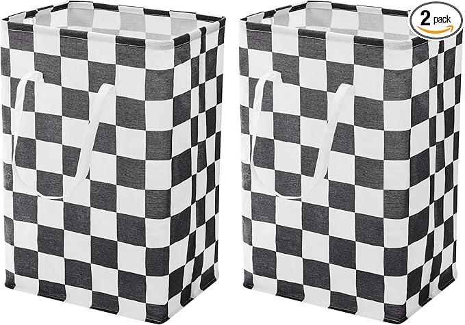 Checkered Laundry Hamper, Pack of 2, Large Black White Aesthetic Collapsible Cloth Hampers Basket for Storage Organization Cute Race Cars Boy Room Decor, 2 x 75L