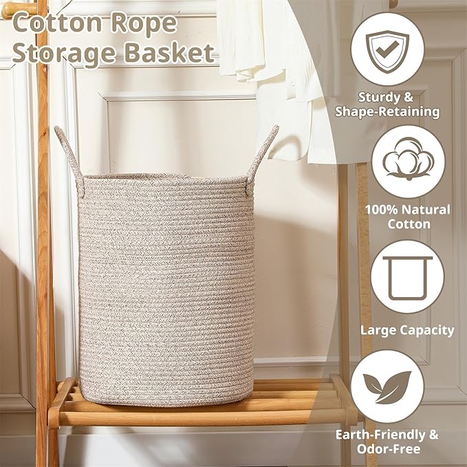 80L Large Woven Laundry Basket Hamper, 100% Natural Cotton Rope, Handwoven & Durable, Storage for Blankets, Toys, Clothes, Decorative Nursery Hamper for Living Room, Baby Room, Bedroom (Brown)