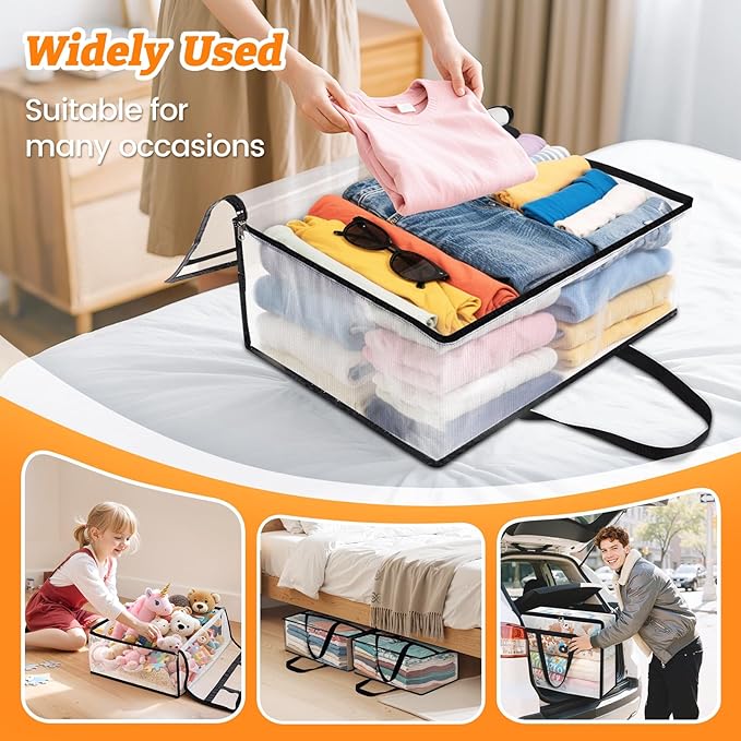BlissTotes 8 Pack Clear Clothes Storage Bags, Moving Bags, Foldable Blanket Storage Under Bed Storage Containers with Sturdy Zipper and Handle for Clothing, Comforter, Bedding, Sheet (60L)
