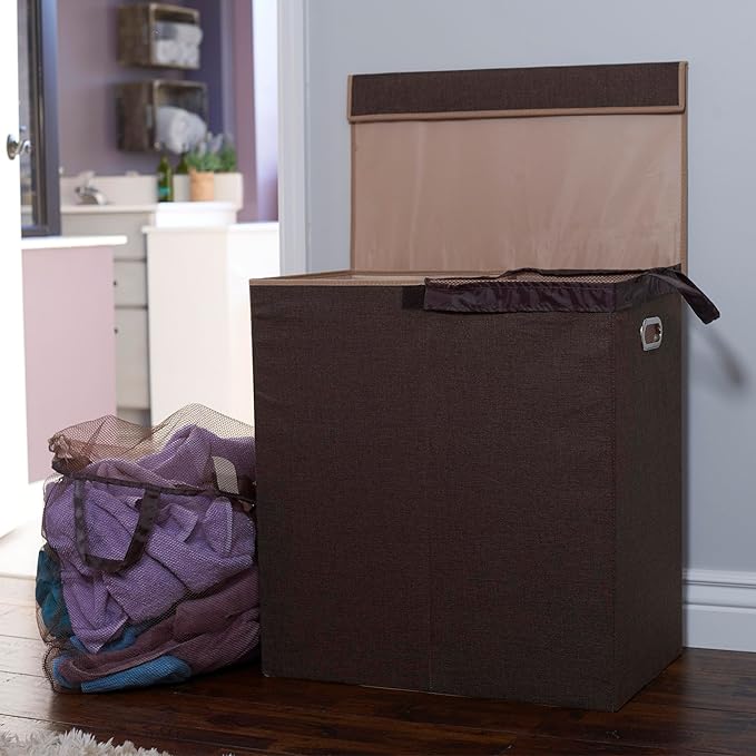 Household Essentials Double Laundry Hamper with Lid, Two Compartments for Easy Sorting with Removable Liner, Collapsible, Brown Linen 5614