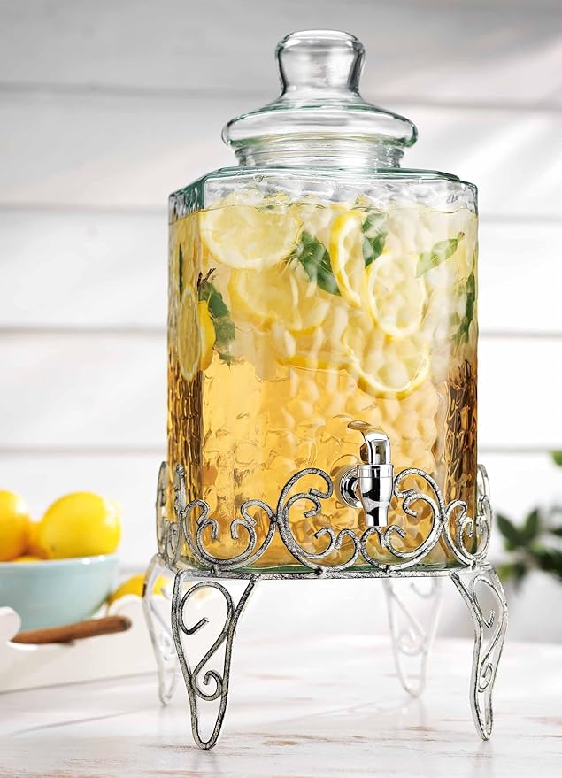 MosJos 2.5 Gallon Classic Hammered Glass Beverage Dispenser with Elegant Stand - Glass Drink Dispenser with 100% Leak Proof Spigot, Party Drink Dispensers for Lemonade, Punch, Water, Juice