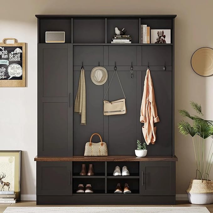 Versatile 3-in-1 Hall Tree, 55" W Modern Entryway Coat Rack with Multiple Storage Space, 6 Hooks, Farmhouse Walnut Storage Bench with Adjustable Shelves for Mudroom, Living Room