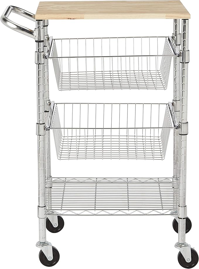 Amazon Basics 3-Tier Metal Basket Rolling Utility Cart with Wood Top, Kitchen Storage Organizer, Portable, Silver