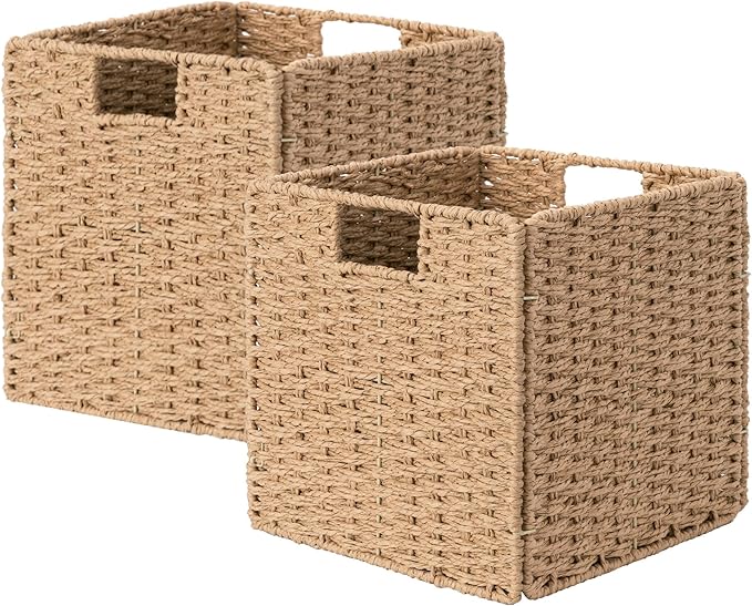 StorageWorks 11 inch Wicker Baskets, Handwoven Storage Cubes with Handles, Foldable Paper Rope Basket for Organizing, Natural, 2 Pack