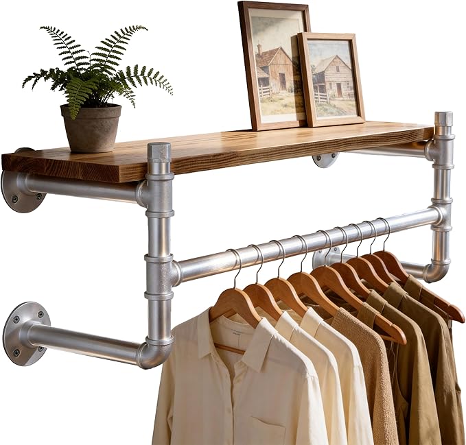 WEBI Wall Mounted Clothes Rack with Shelf,30" Industrial Pipe Clothing Rack with Shelf with Hanging Rod,Heavy Duty Iron Garment Rack Bar,Retail Display Clothes Rod for Laundry Room,Closet,Silver