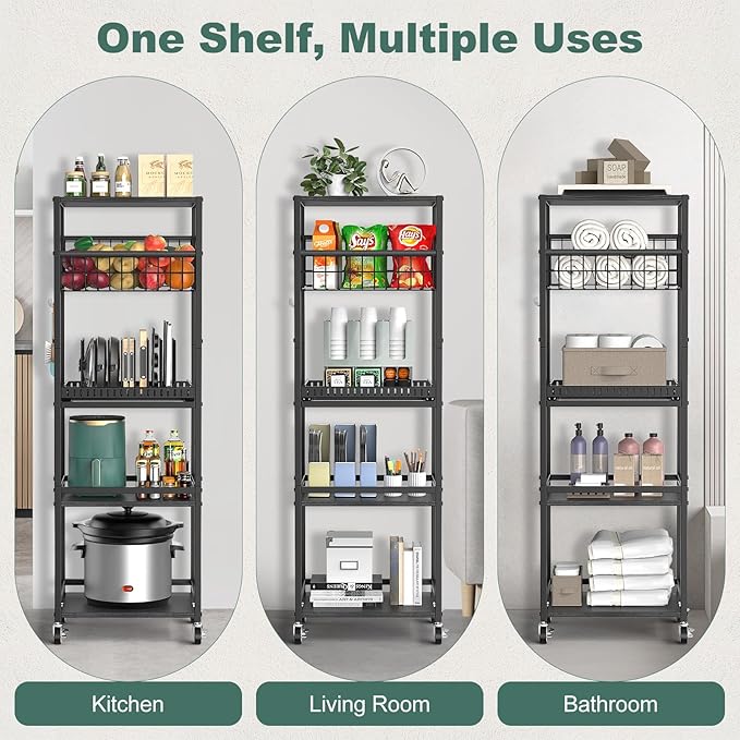 Housolution 5 Tier Kitchen Rolling Cart, Storage Cart with Metal Fruit Vegetable Basket and Pull-Out Pot Lid Cutting Board Organizer, Storage Rack with Wooden Top for Kitchen, Pantry, Bathroom