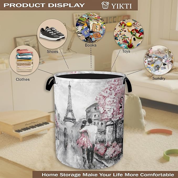 Laundry Hamper,Eiffel Tower Laundry Basket,Pink Flowers Portable Collapsible Laundry Room Organization Storage for Dorm Room,Nursery,Bathroom,Bedroom,16x20 Inch