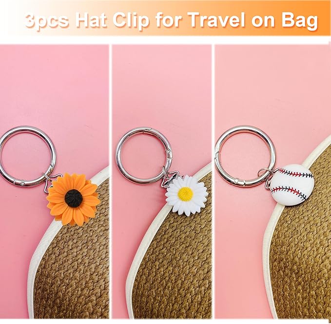 3pcs Hat Clip for Travel on Bag, Hat Holder for Purse Bag Crossbody Luggage, Beach Vacation Cruise Essentials Travel Accessories, Strong Grip Space-saving Hat Clips for Women/Family