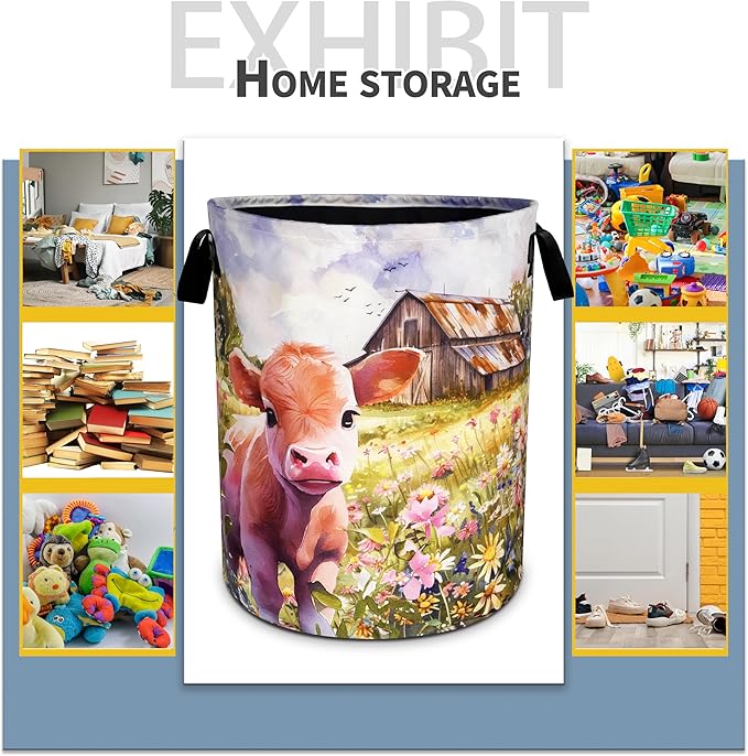 Cute Highland Cow Laundry Basket Farm Flowers Foldable Oxford Cloth Funny Tote Bag Laundry Hamper Clothes Storage Bucket Toy Organizer For Bathroom/Laundry Storage/Bedroom 18.9x16.5 Inch