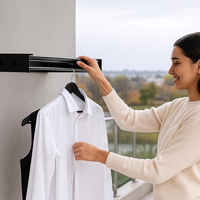 Wall Mounted Drying Racks for Laundry (31.5 Inches Wide) – Retractable Clothes Drying Rack Wall Mounted with Carbon Steel Panel 6 Knobs & 5 Aluminium rods, Wall Drying Rack with Screws (Black)