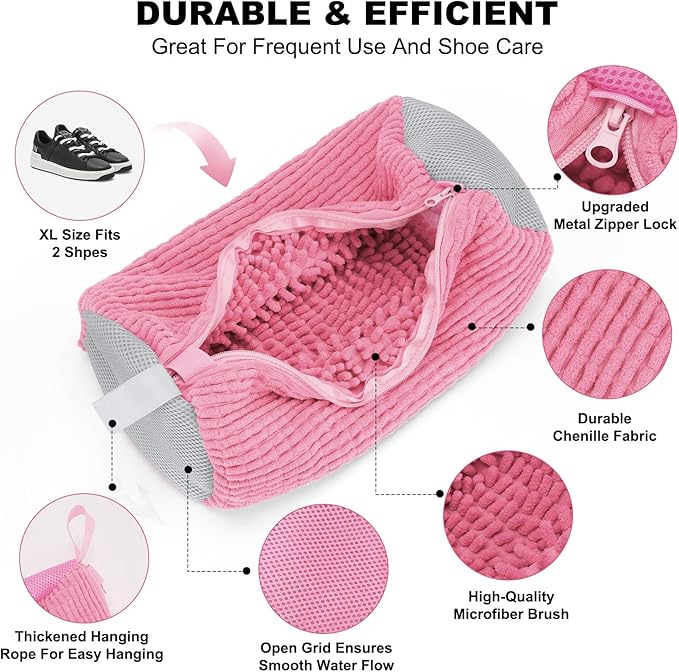 Shoe Washing Machine Bag - Shoe Laundry Bag for Washer and Dryer, Reusable 2 Pack, 360° Deep Cleaning, Self-Locking Zipper, Fits All Sneakers & Tennis Shoes - Pink
