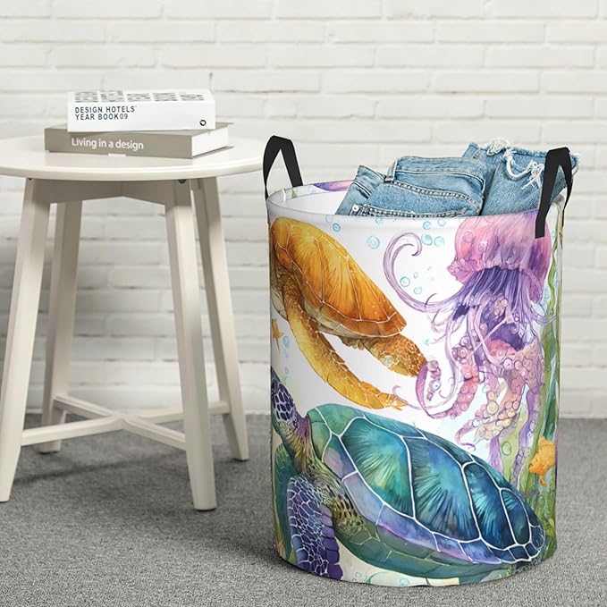Sea Turtle Laundry Hamper, Collapsible Storage Basket with Handles for Clothes, Bedroom, Bathroom 19.6 x15.7 Inch