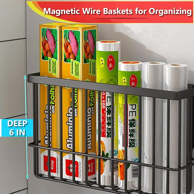 Magnetic Basket Kitchen Refrigerator Organizer Foil and Plastic Wrap Organizer for Fridge Heavy Duty Metal Storage (10.25" L x 3.2" W x 6" H, Black)