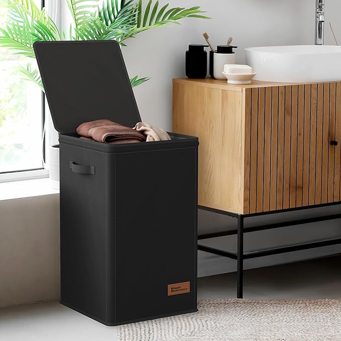 Simple Houseware Foldable Laundry Hamper Basket with Lid and Removable Bag, Black